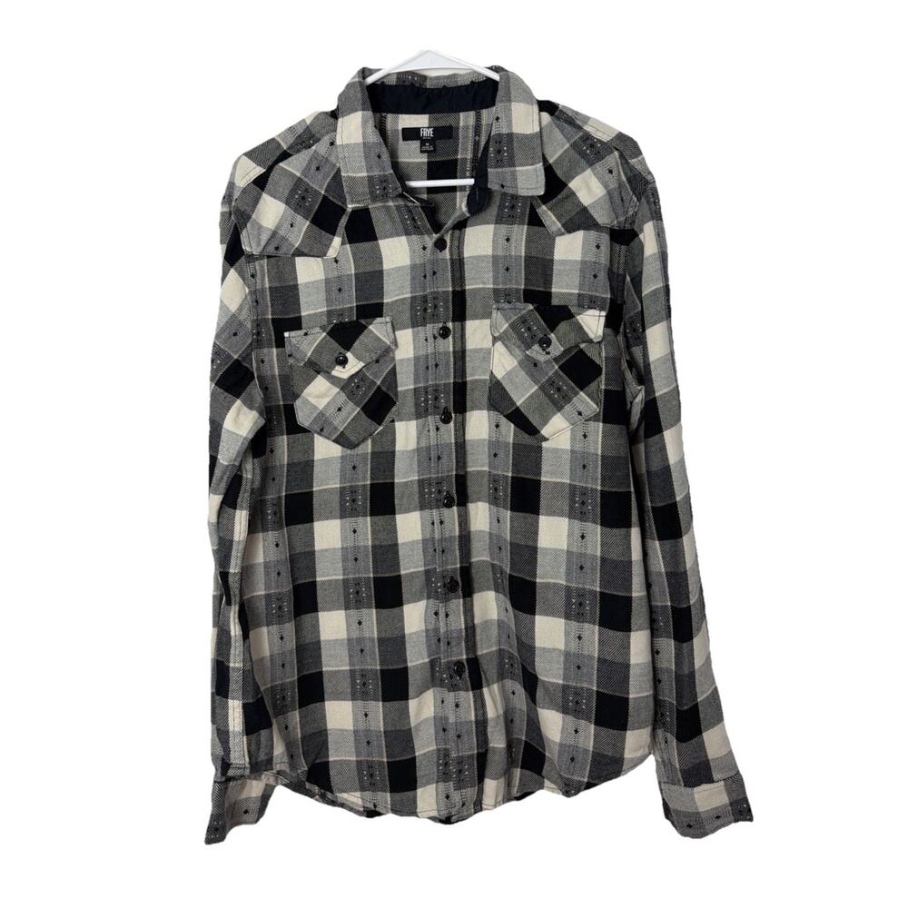 Frye Mens Medium Buffalo Plaid Flannel Shirt Black Gray Cream 100% Cotton